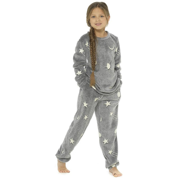 Kids Girls Boys Pyjamas Glow In The Dark Soft Flannel Fleece Sleepwear PJS Set