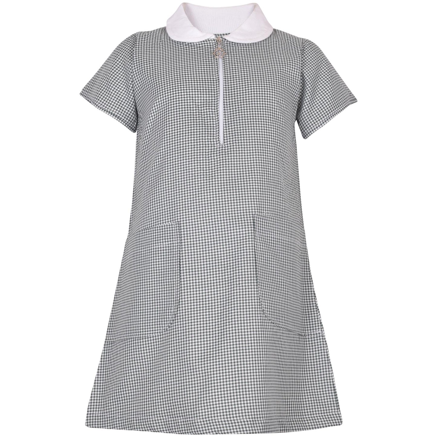 Girls Gingham School Dress Short Sleeve Check Zip Up Dresses With Scrunchies