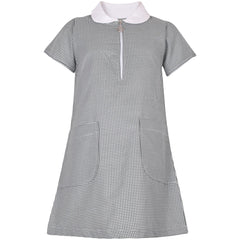 Girls Gingham School Dress Short Sleeve Check Zip Up Dresses With Scrunchies