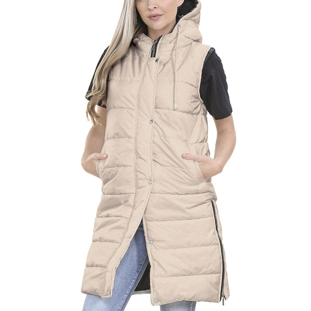 Ladies Sleeveless Gilet Oversized Hooded Quilted Gilet Padded Long Line Coat