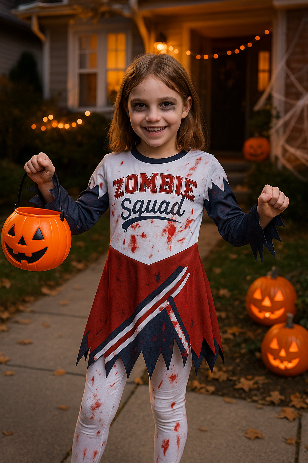 A2Z 4 Kids Girls Zombie Cheerleader Halloween Attire Top Shredded Sleeves Long Bloody Socks Cheerleading Pom Poms Outfit Halloween Parties and Trick or Treating