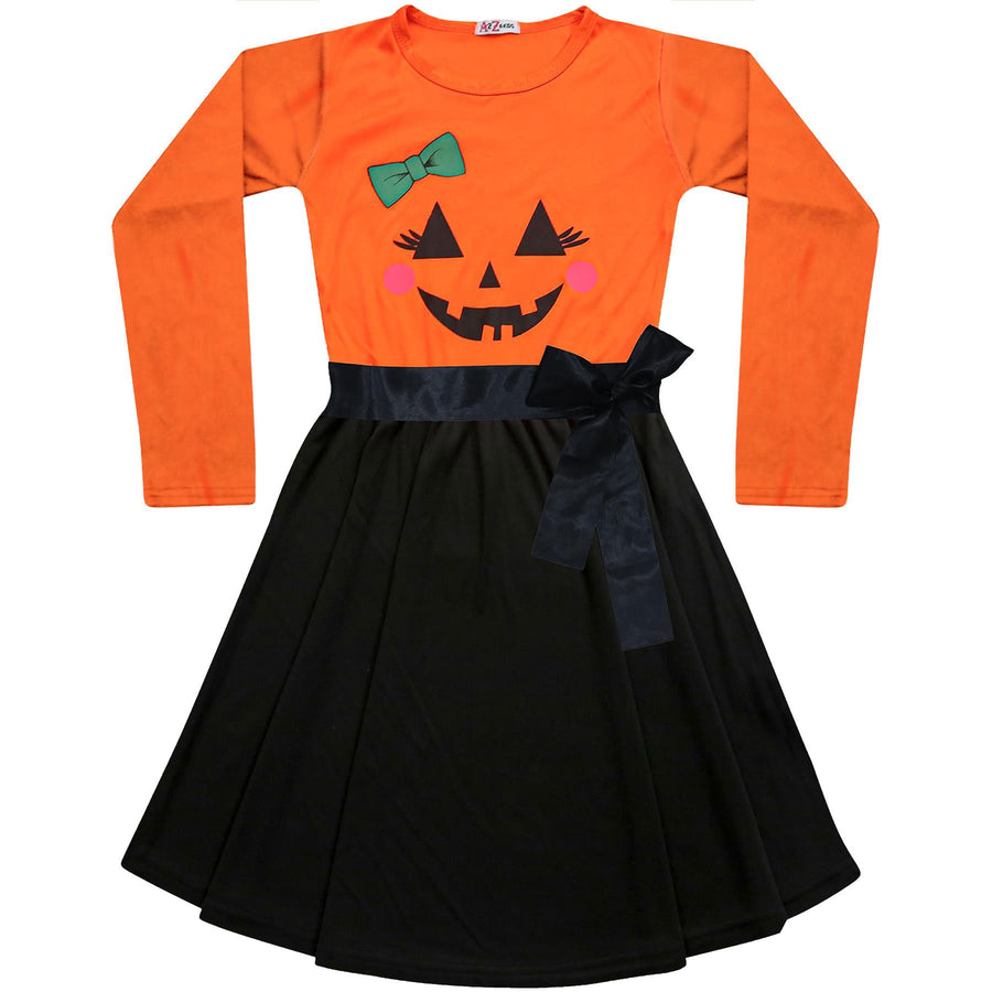 A2Z Kids Girls Skater Dress Long Sleeves Contrast Panelled Pumpkin Print Soft Comfortable Halloween Party Fashion Dresses Age 5-13 years