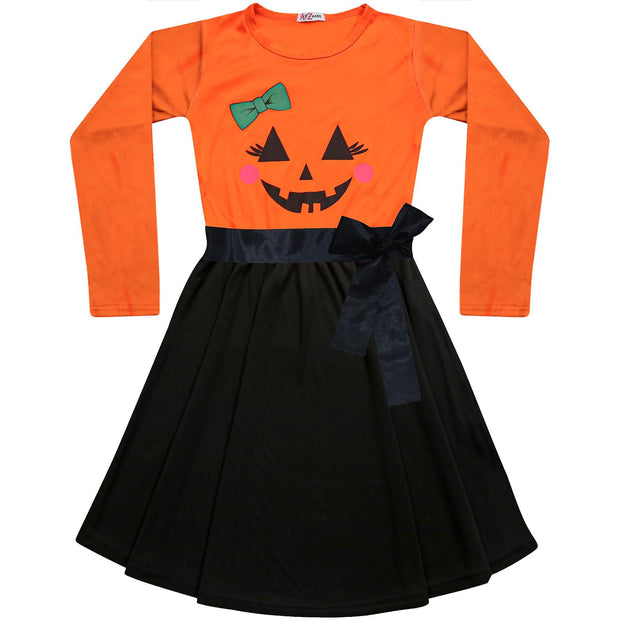 A2Z Kids Girls Skater Dress Long Sleeves Contrast Panelled Pumpkin Print Soft Comfortable Halloween Party Fashion Dresses Age 5-13 years - A2Z 4 Kids