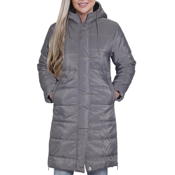 Ladies Adults Long Sleeve Oversized Steel Grey Hooded Quilted Padded Coat Jacket