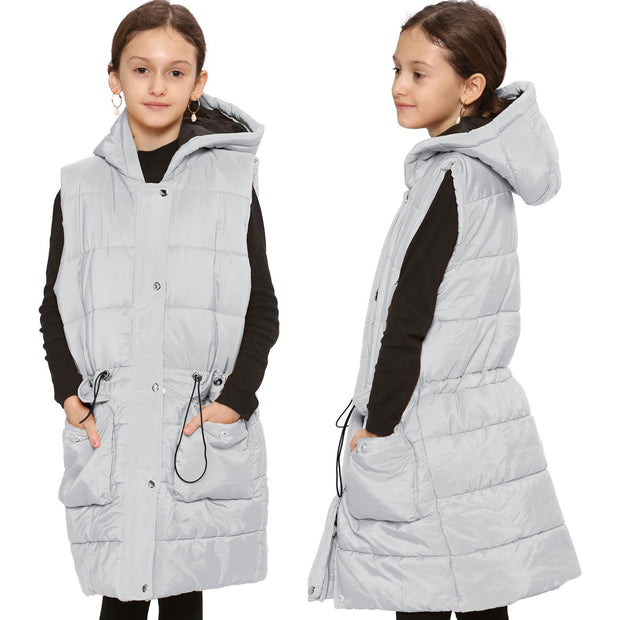 A2Z Kids Girls Down Vest Fashion Oversized White Hooded Quilted Gilet Padded Long Line Vest Jacket Long Sleeveless Coat Urban Winter Wear Age 7-13 Years