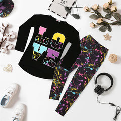 Kids Girls Long Sleeves Black Love Print T Shirt & Splash Legging Outfit Set