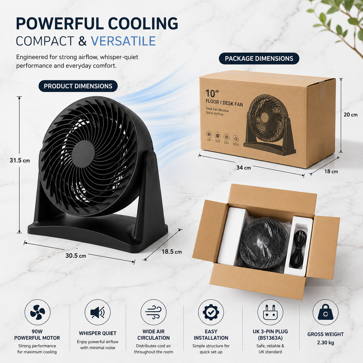 10 Inch Floor Fan Desk Fan 90W High Performance Air Circulator Fan with 5 Blade