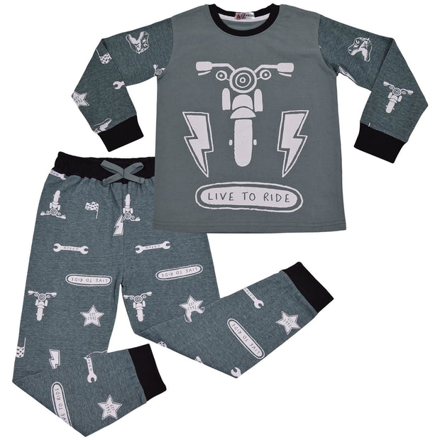 Kids Girls Boys Live to Ride Childrens Pyjamas 2 Piece Cotton PJs Set Nightwear