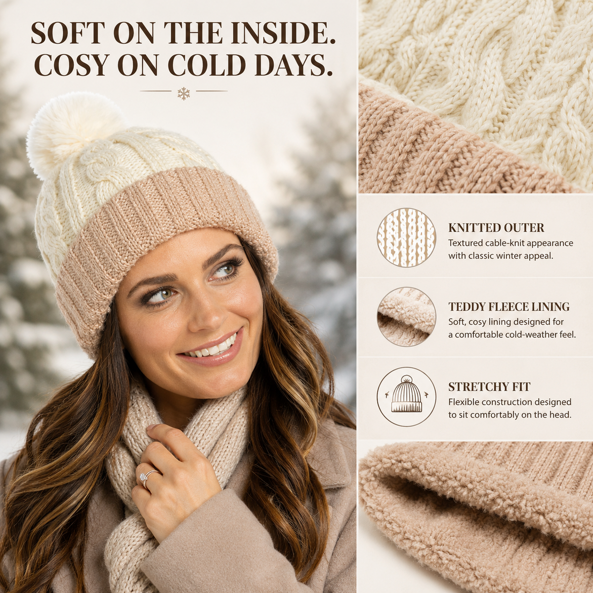 A2Z Ladies Hats Cable Chunky Bobble Knit Pom Pom Winter Warm Cozy Women Caps