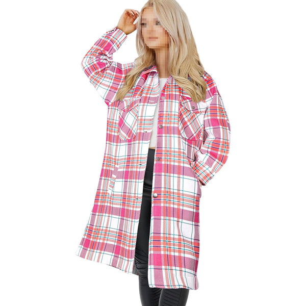 Ladies Longline Shacket Checked Button Down Shirt Jacket Top Oversize Coat