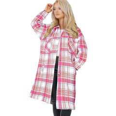 Ladies Longline Shacket Checked Button Down Shirt Jacket Top Oversize Coat