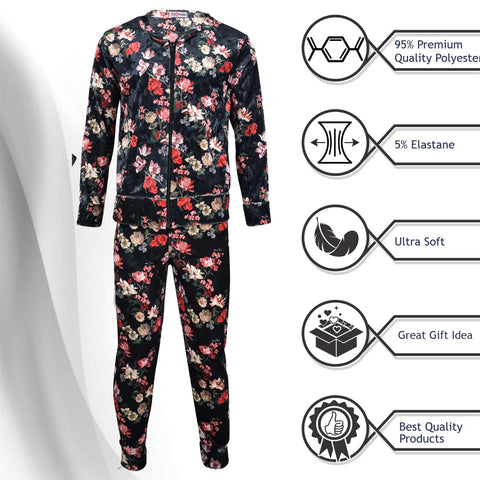 Girls Jogging Suit Floral Print Zip Up Velour Set Top Bottom Outfit Clothing Set