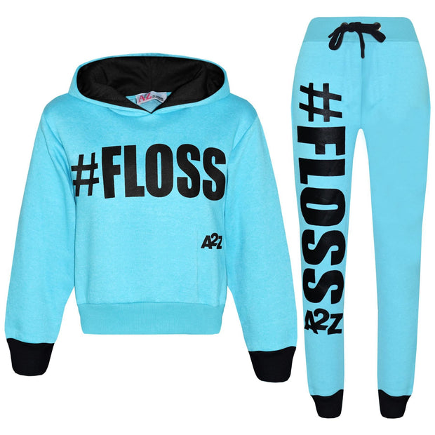 A2Z 4 Kids Tracksuit #Floss Print Fleece Aqua Hooded Crop Top Bottom Jogging Suit Joggers For Girls Age 5 6 7 8 9 10 11 12 13 Years