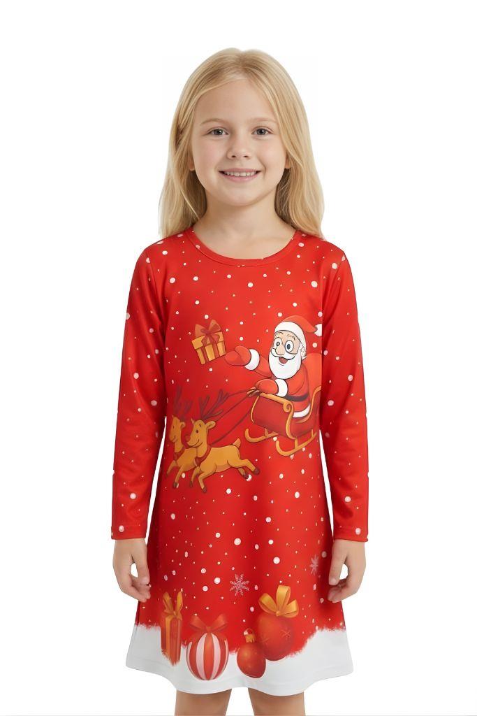 Girls Christmas Swing Dress Santa Sleigh Print Long Sleeve Party Dress Outfit