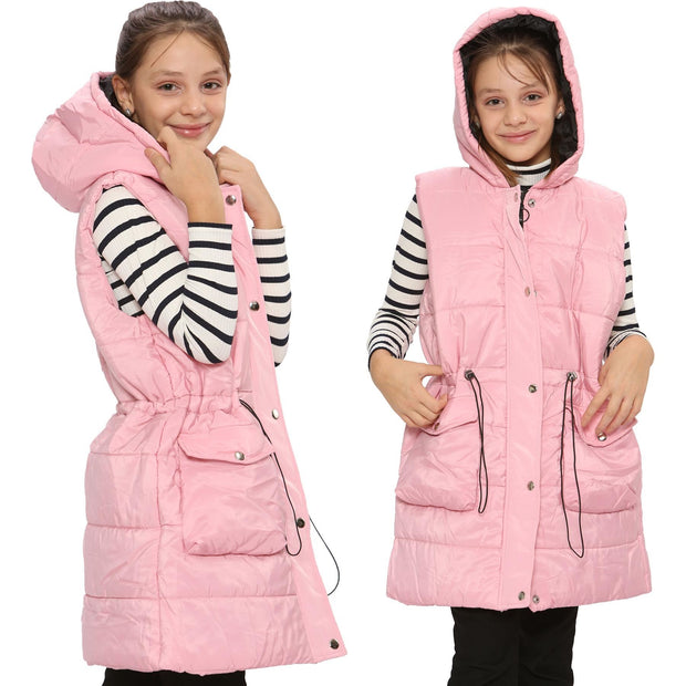 A2Z Kids Girls Down Vest Fashion Oversized Pink Hooded Quilted Gilet Padded Long Line Vest Jacket Long Sleeveless Coat Urban Winter Wear Age 7-13 Years