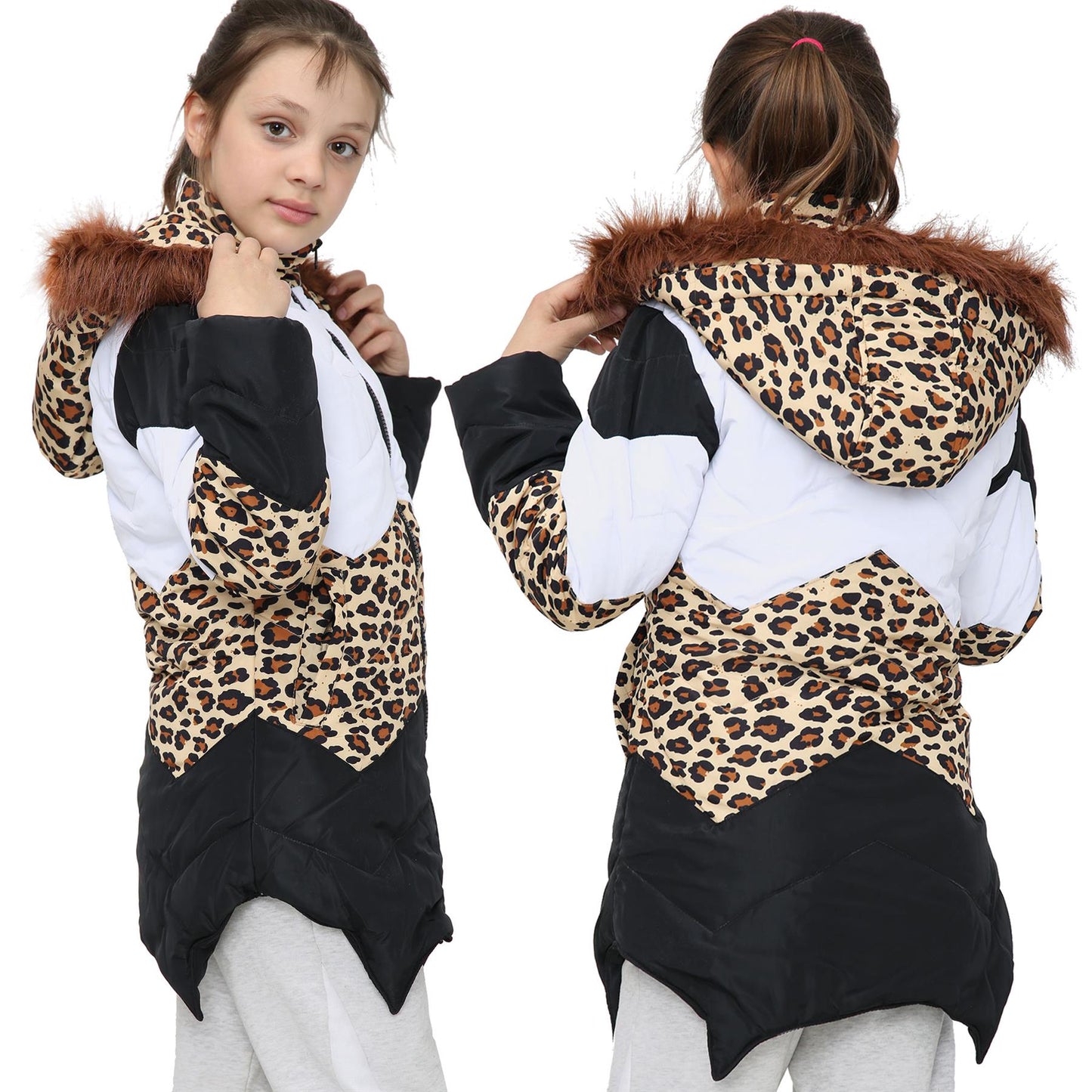 Kids Hooded Contrast Panel Puffer Coat Faux Fur Jacket For Girls 2-13yrs