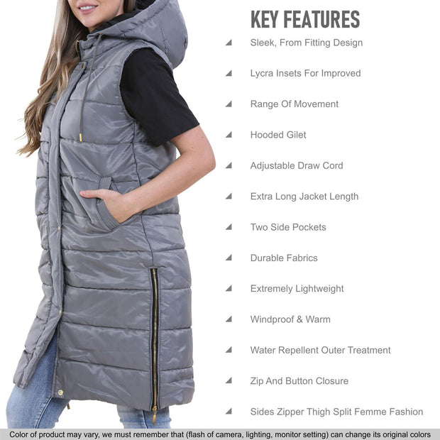 A2Z Ladies Adults Sleeveless Gilet Oversized Hooded Steel Grey Quilted Gilet Padded Long Line Vest Jacket Sleeveless Coat Urban Winter Wear