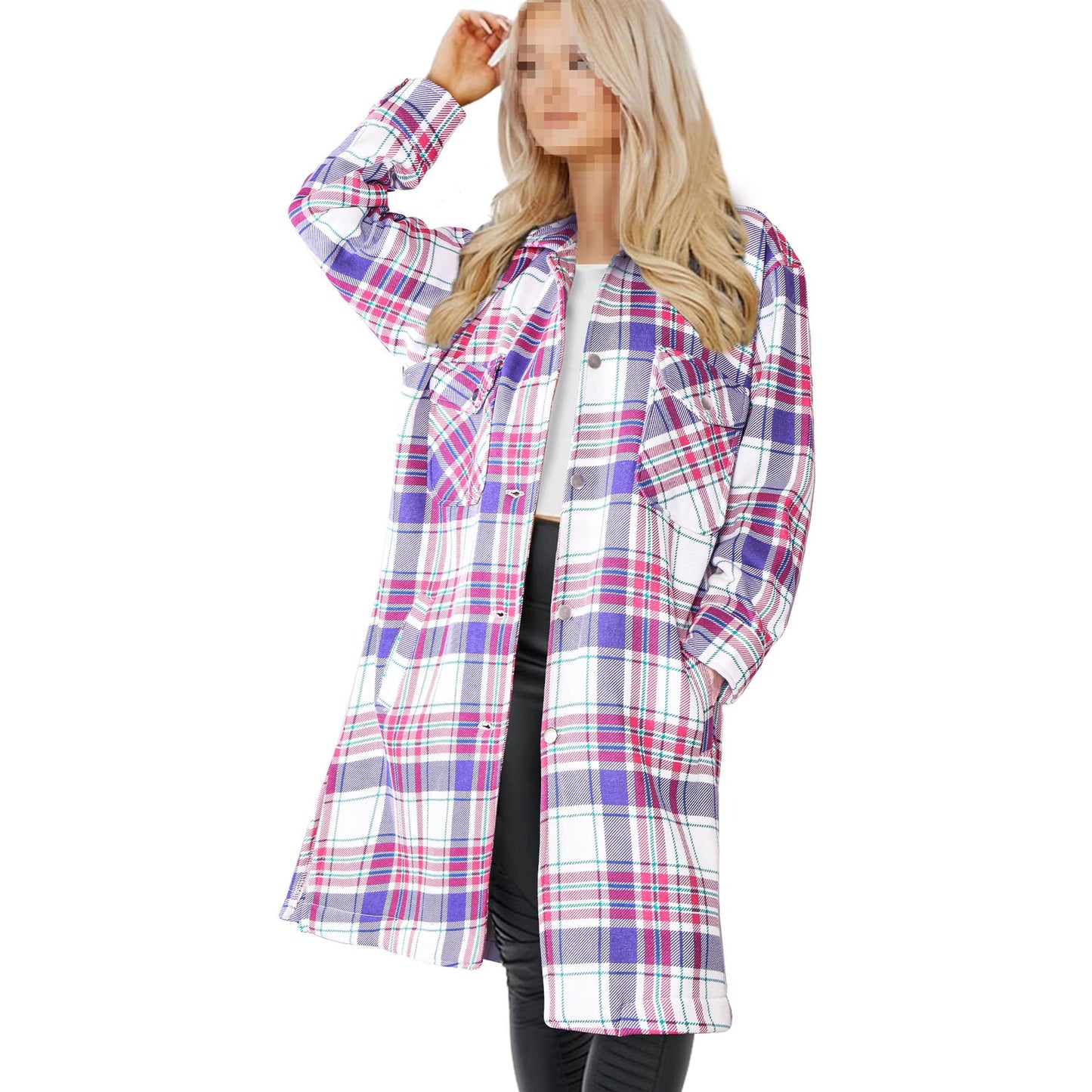 Ladies Longline Shacket Checked Button Down Shirt Jacket Top Oversize Coat