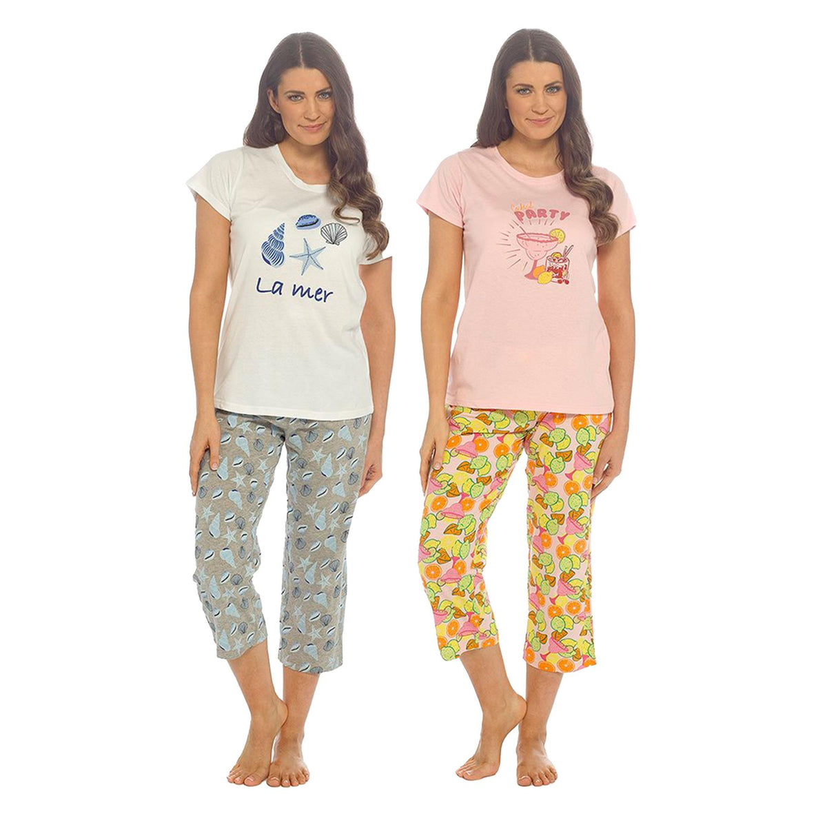Ladies Cotton Pyjama Set with 3/4 Length Bottoms Short Sleeve T-Shirt Summer Set