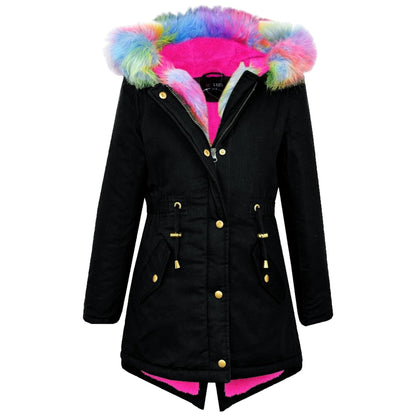Kids Hooded Jacket Girls Fur Parka School Jackets Outwear Coat 5-13 Years