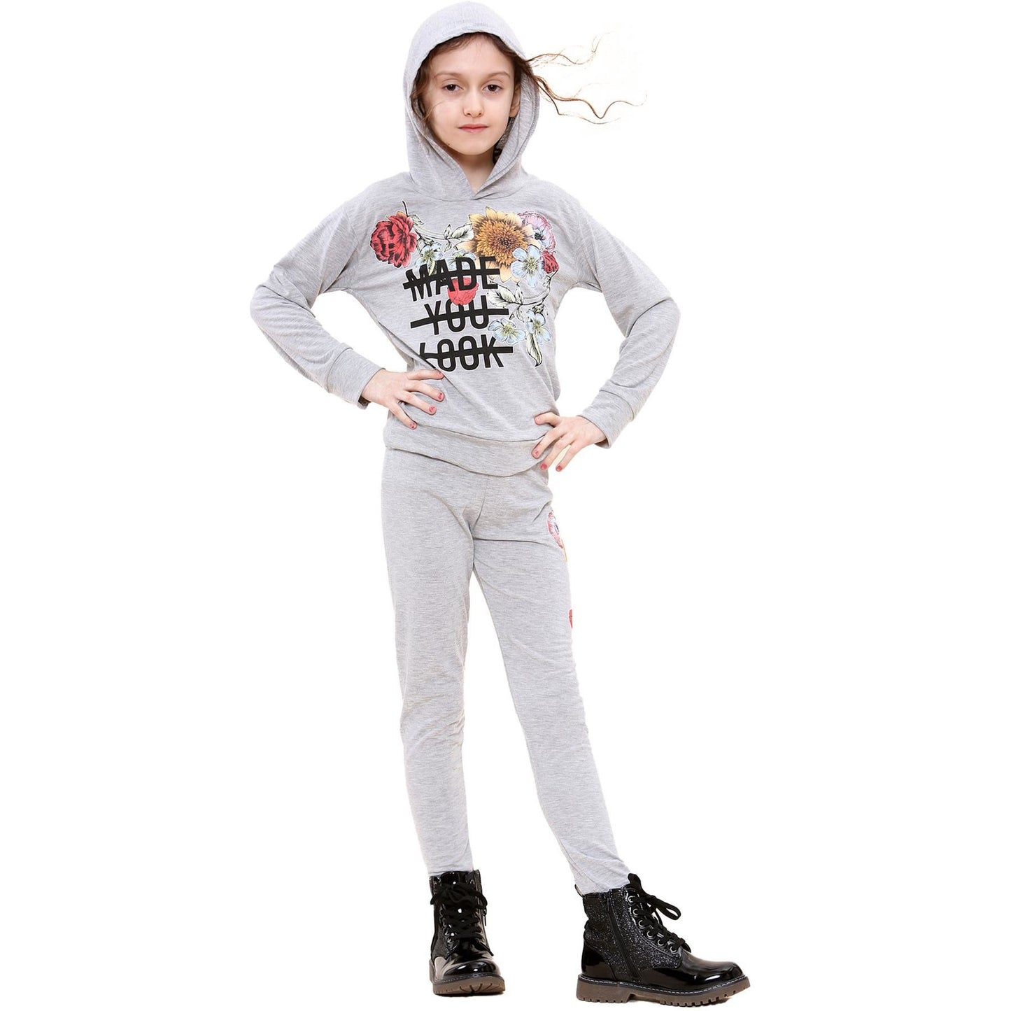 Girls Top Kids Made You Look Print Long Sleeves Hooded Top & Legging Set 5-13 Yr