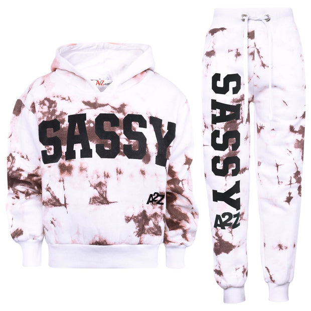 A2Z 4 Kids Girls Tracksuit Designer's Tie Dye Sassy Print Fleece Rust Hooded Crop Top Bottom Jogging Suit Joggers Age 5 6 7 8 9 10 11 12 13 Years