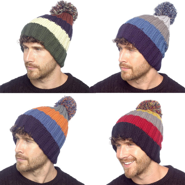 A2Z Mens Knitted Stripe Beanie Hat With Warm Sherpa Lining Chunky Knit Beanie
