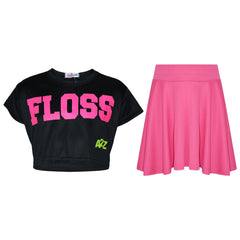 Kids Girls Floss Fashion Crop Top Stylish T Shirt Top & Skater Skirt Set 5-13 Yr