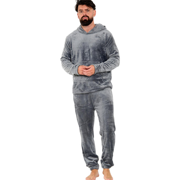 Mens Pyjamas Soft Warm Fleece Adults Hooded Pyjamas 2 Piece Gift Set For Mens