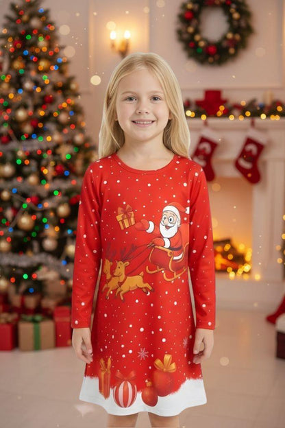 Girls Christmas Swing Dress Santa Sleigh Print Long Sleeve Party Dress Outfit