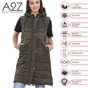 A2Z Kids Girls Fashion Gilet Olive Padded Long Line Vest Jacket Oversized Hooded Quilted Long Sleeveless Coat Urban Winter Wear Coat 7 8 9 10 11 12 13 Years