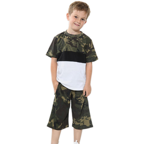 Kids Colour Contrast Panel Top & Shorts Set Summer Wear Girls Boys Age 5-13 yrs