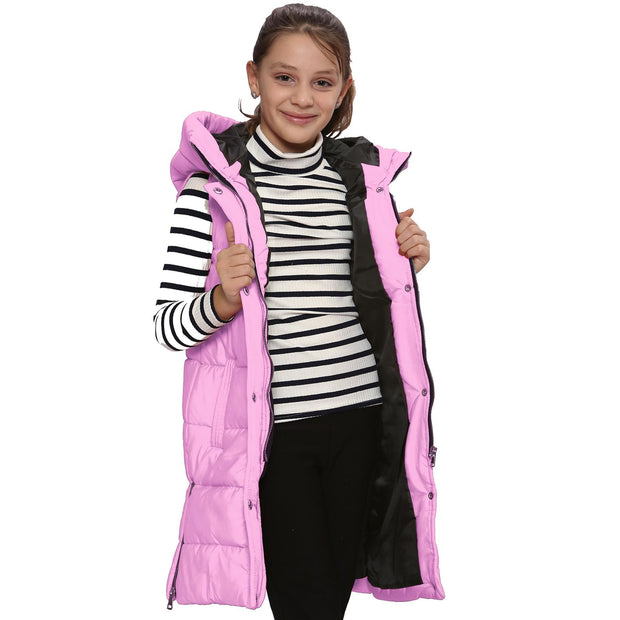 A2Z Kids Girls Long Line Vest Pink Jacket Long Sleeveless Urban Winter Wear Coat Down Vest Fashion Oversized Hooded Quilted Gilet Padded Jacket New Age 7-13