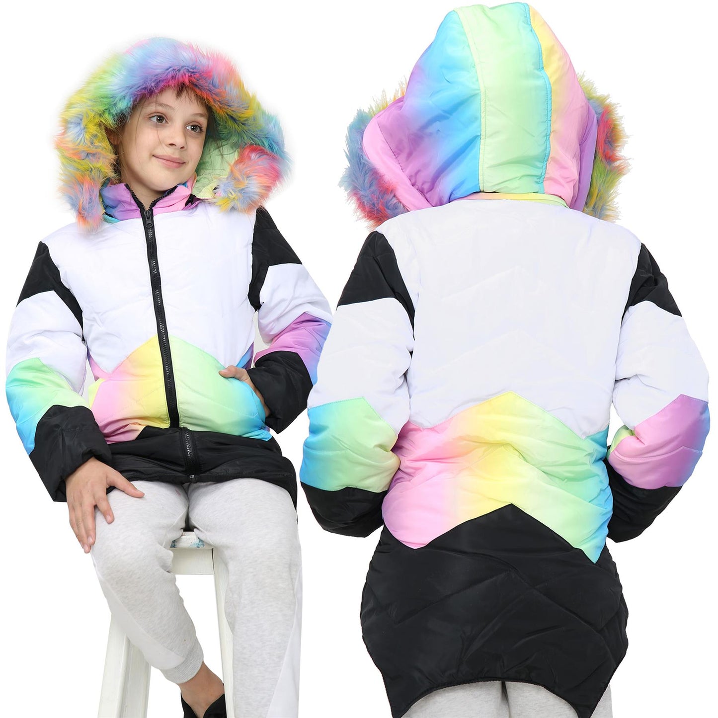 Kids Hooded Contrast Panel Puffer Coat Faux Fur Jacket For Girls 2-13yrs