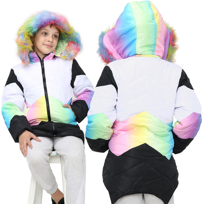 Kids Hooded Contrast Panel Puffer Coat Faux Fur Jacket For Girls 2-13yrs