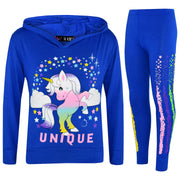 A2Z 4 Kids Girls Dabbing Unicorn Unique Tracksuit Kids Designer's Rainbow Floss Hooded Royal Blue Top & Legging Lounge Wear New Age 7 8 9 10 11 12 13 Years