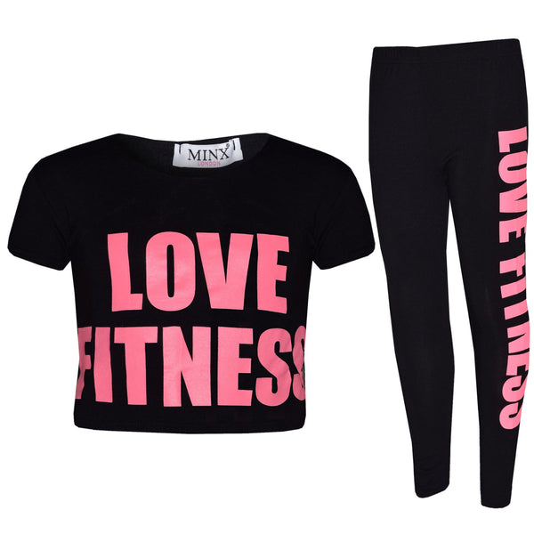 Girls Tops Kids Designer's Love Fitness Print Crop Top & Legging Set 7-13 Years
