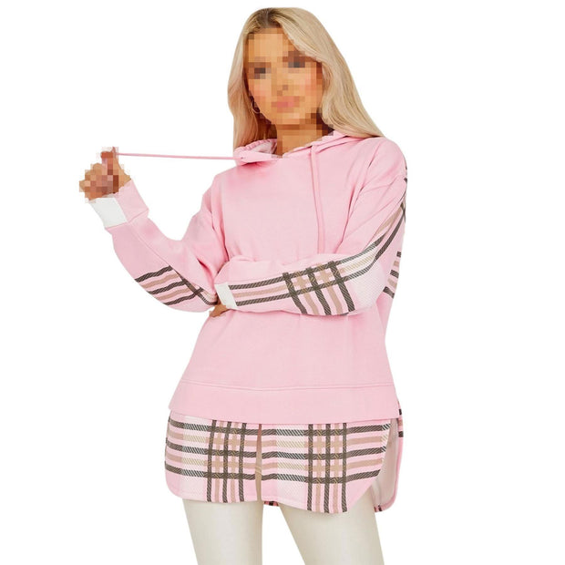 Ladies Hooded Shacket Check Print Colour Block Zip Up Shirt Jacket Oversize Coat