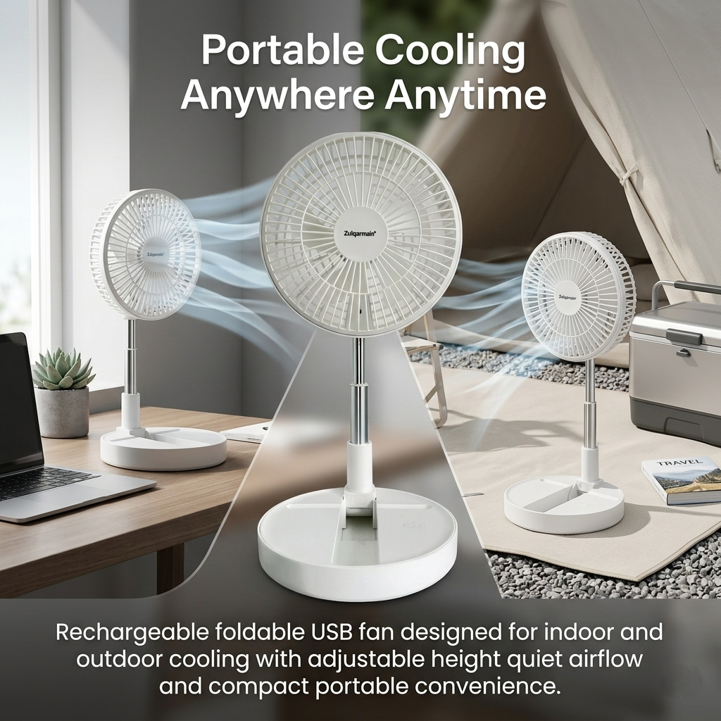 8 Inch USB Foldable Desk Fan Portable White Cooling Fan with Adjustable Height