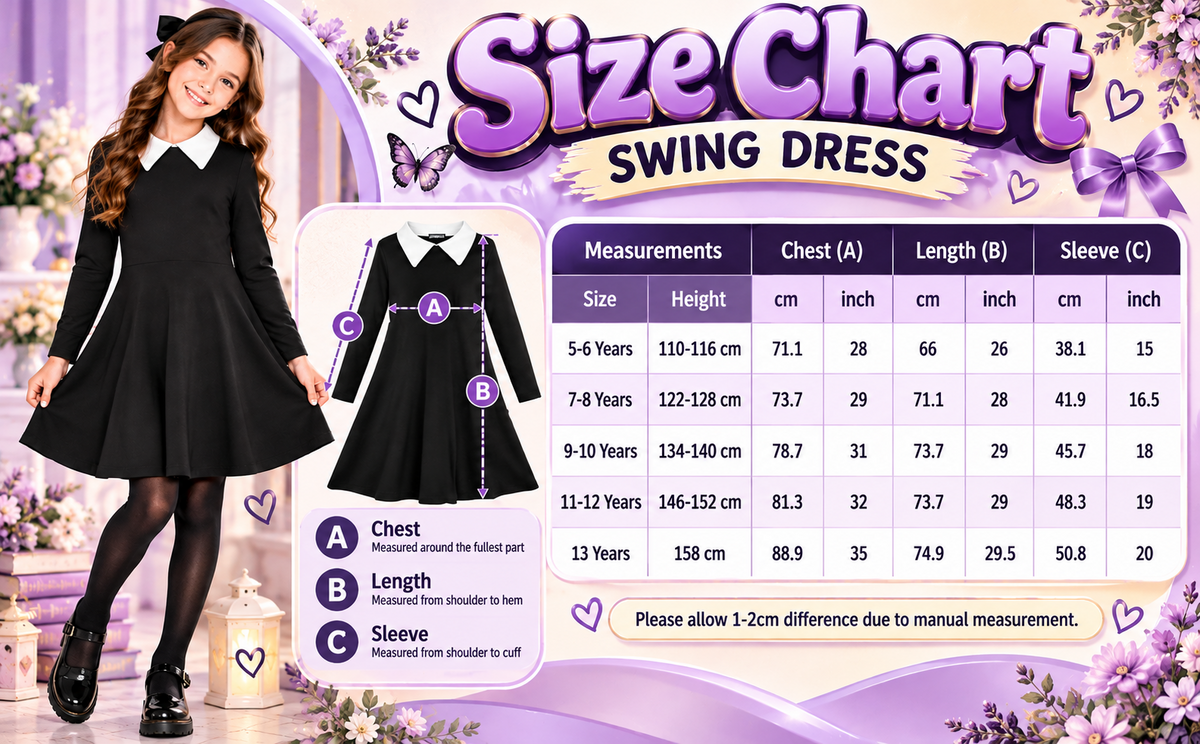 Kids Girls Swing Dress Long Sleeves Flared Gothic School Girl Uniform Dresses