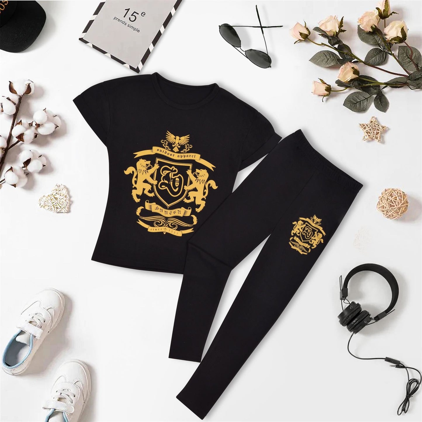 Girls Top Kids Short sleeves Varsity Lion Print T Shirt & Legging Outfit Set