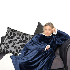 Unisex Men Ladies Wearable Navy Snuggle Double Layer TV Blanket With Sleeves