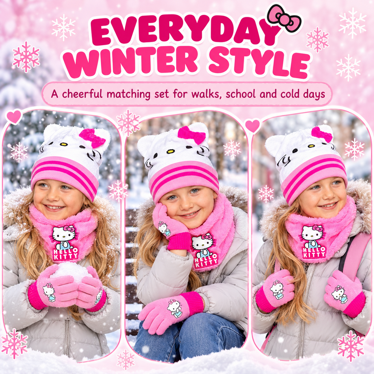 Hello Kitty Girls Hat Gloves Snood Set Pink Winter Neck Warmer Kids One Size