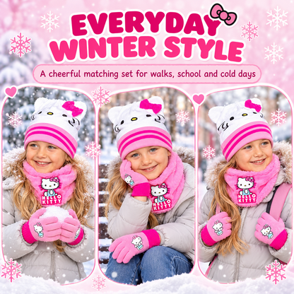 Hello Kitty Girls Hat Gloves Snood Set Pink Winter Neck Warmer Kids One Size