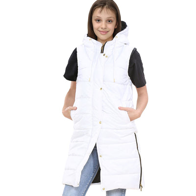 A2Z Kids Girls Fashion Oversized Hooded Quilted Gilet White Color Padded Long Line Vest Jacket Long Sleeveless Coat Urban Winter Wear Coat 7-13 Years