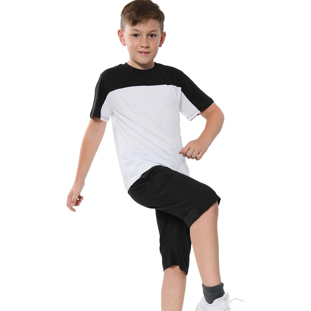 A2Z 4 Kids Two Colour Block Contrast Panel Black Top & Shorts Set Short Sleeves T Shirt Summer Outfit 2 Piece Activewear Girls Boys Age 5-13 Years