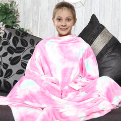 Girls Tie Dye Pink Wearable Snuggle Blanket With Sleeves Super Soft Warm Fleece