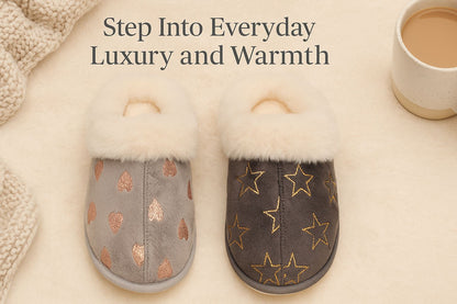 A2Z Ladies Foil Heart and Star Mule Slippers Warm Faux Fur Lined Indoor Shoes