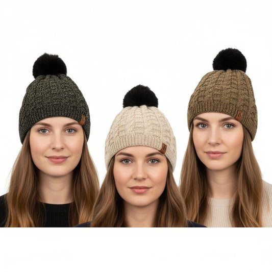 A2Z Ladies Cable Knit Bobble Beanie Hats 3 Pack Faux Fur Pom Pom Winter