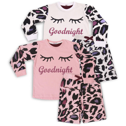 Kids Girls Goodnight Pyjamas Pack Of 2 PJs Leopard Sleepwear Loungewear Set